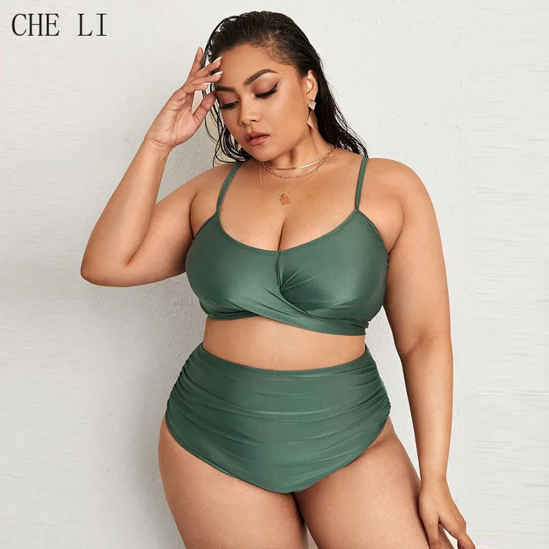 Plus Size Bikini Two Piece Ladies Swimwear Bra and Panty Swimsuit Summer Fashion Solid Color Sexy Beach High Waist Bikini 2022