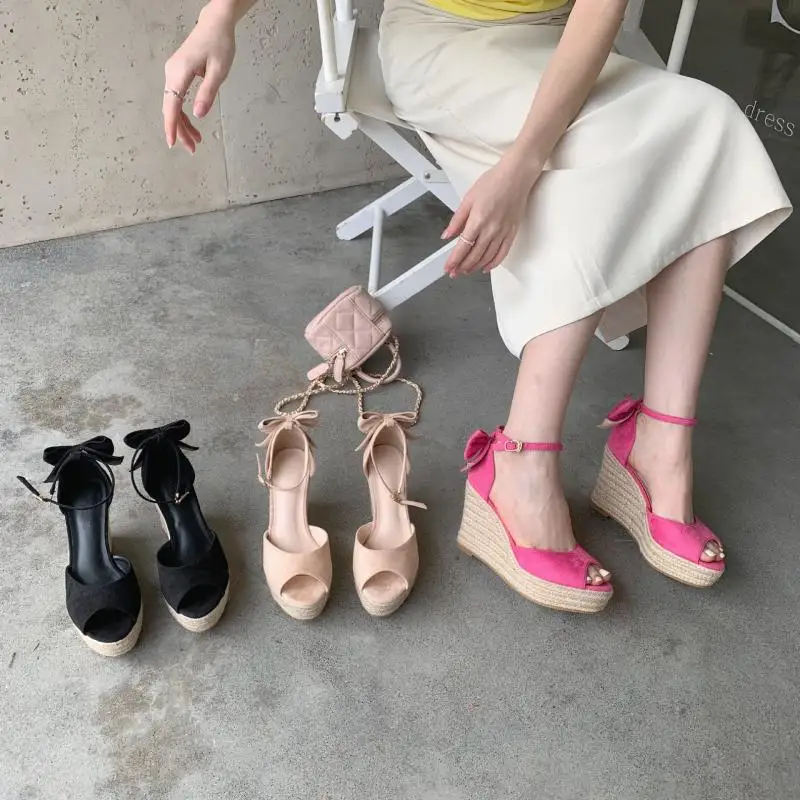 

Summer Wedge Heel Hemp Rope Thick Bottom Waterproof Table Daily Solid Color Fish Mouth Sweet and Beautiful Bow Sandals