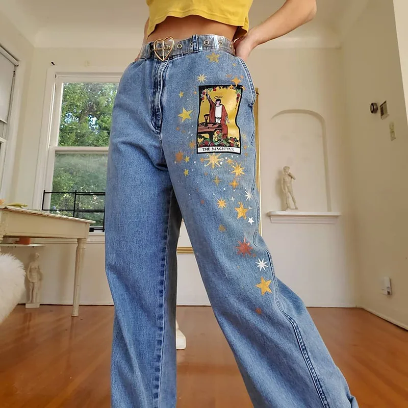 Women Loose Baggy Indie Aesthetic Jeans Mom Jeans 2023 New Casual Fashion People Print Denim Pants Womens All Match Clothing