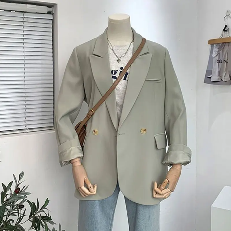 2022 Korea Women Chic Office Lady Double Breasted Blazer Vintage Green Coat Fashion Notched Collar Long Sleeve Ladies Outerwear