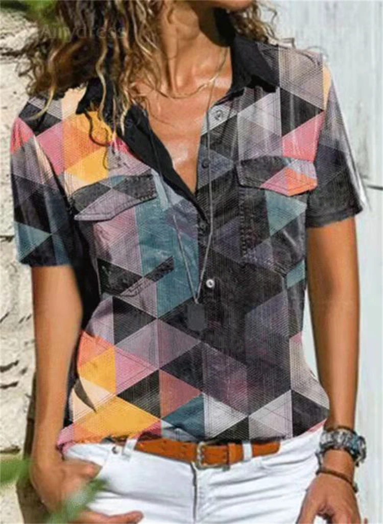 

New Summer Ladies Shirts for Women Fashion Print Blouse 2022 Harajuku Short Sleeve V Neck Graphic Oversized Women Clothing Tops