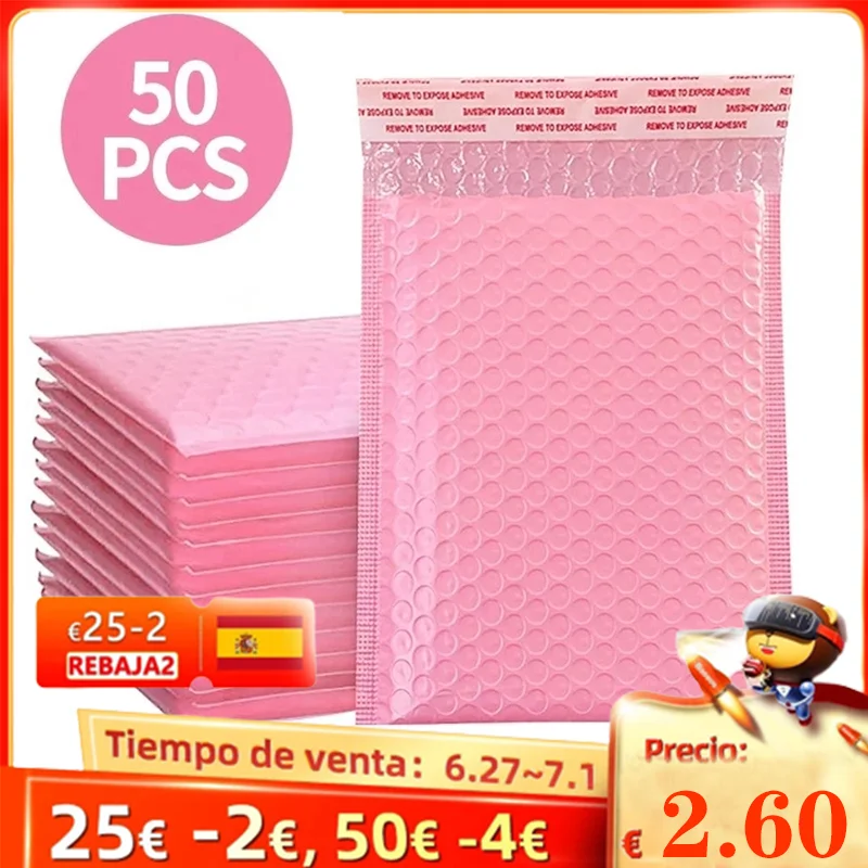 

10/50 шт. Розовые Конверты из пузырчатой пленки, мягкие конверты с пузырчатой пленкой, полиэтиленовые пакеты для доставки, самозапечатывающие...