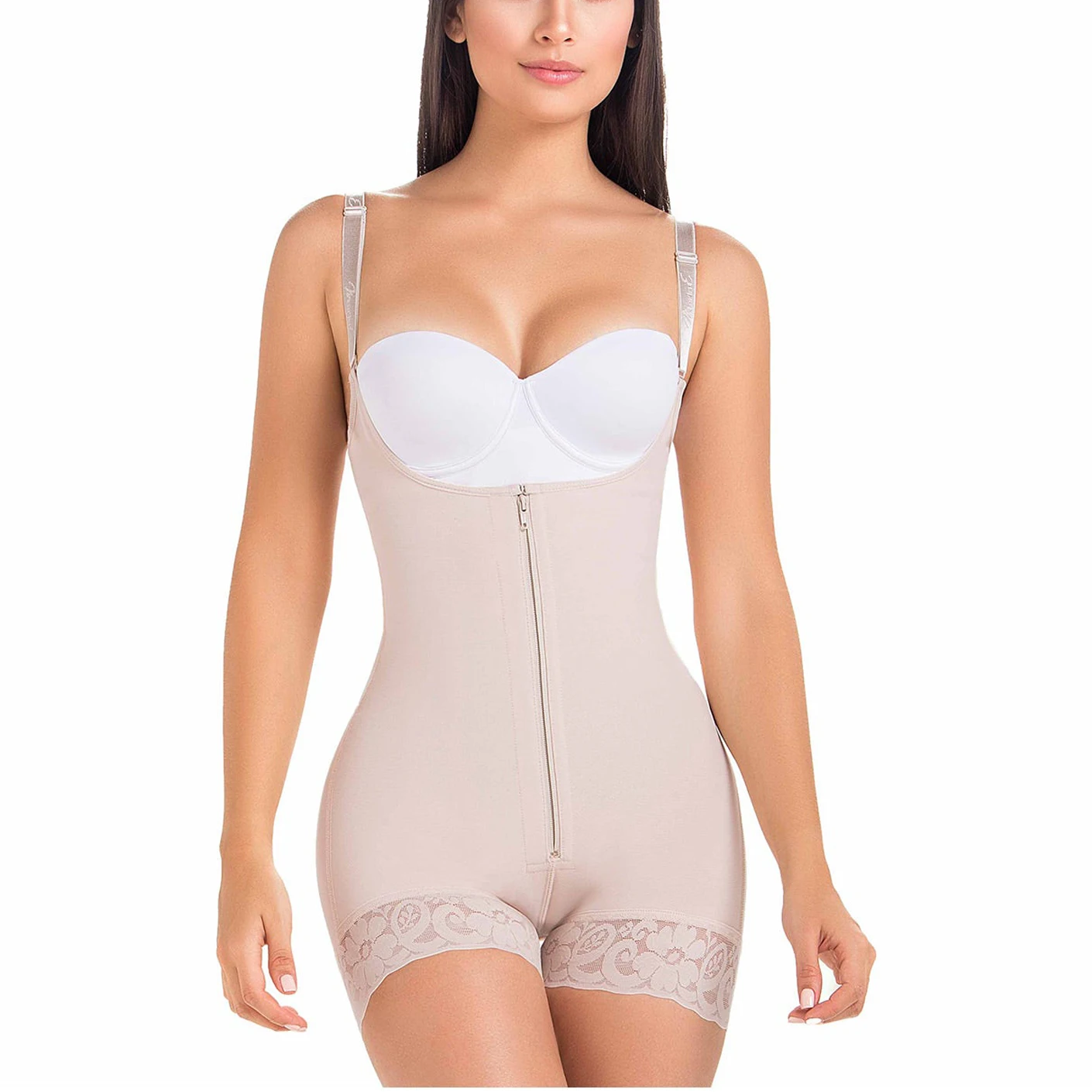 Open Chest Sleeveless Bodysuit Shoulder Strap Zipper Shapewear