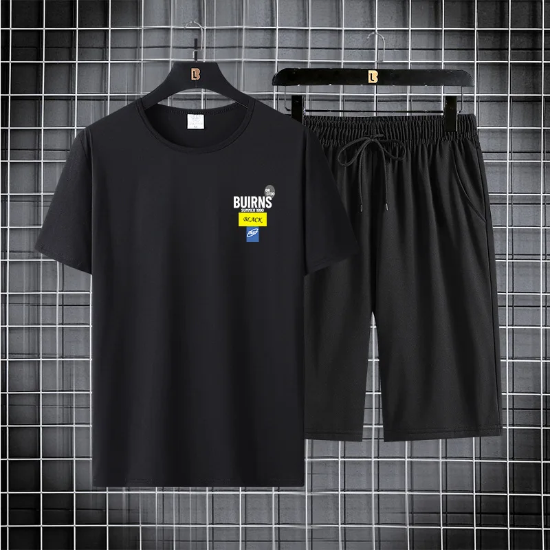 Summer Fashion  Men's Knitted Ice Silk T-Shirt  Sleeved Shorts Ttwo-Piece Quick Drying Breathable Trend Handsome Comfortable Set