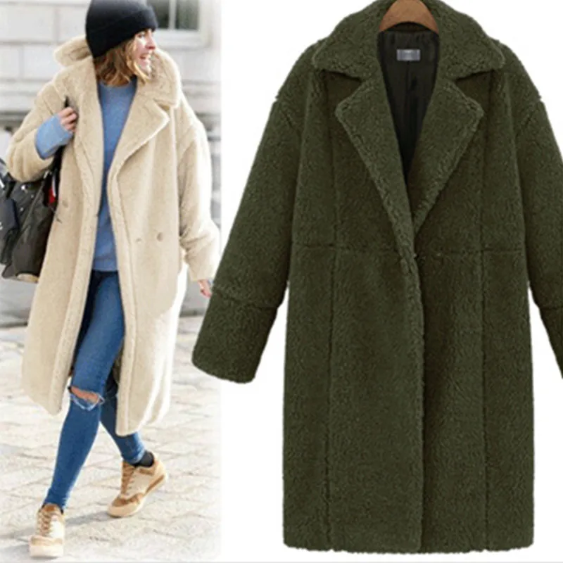 

Autumn and Winter New Women's Long Sleeve Solid Color Medium Length Woolen Coat Coat Coat Women's Lamb Fleece