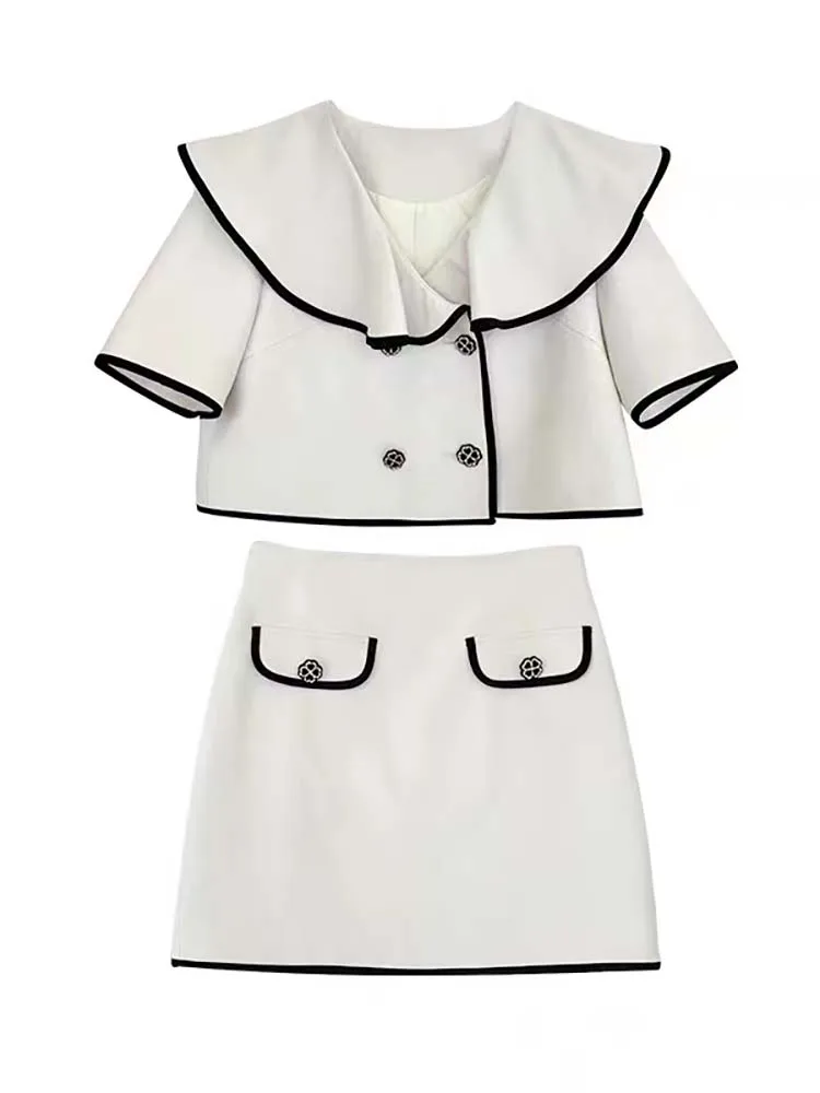 

Elegant Skirt Suit 2022 New Fashion Two Piece Set Women Crop Navy Collar Top Wrap And Hip Mini Skirts Outfits Summer Tide