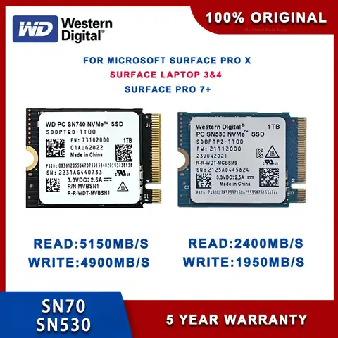 Western Digital WD SN740 SN530 M.2 2230 SSD 1 ТБ 2 ТБ 512 ГБ NVMe PCIe Gen4 x4 для Microsoft Surface Pro X Surface Laptop 3