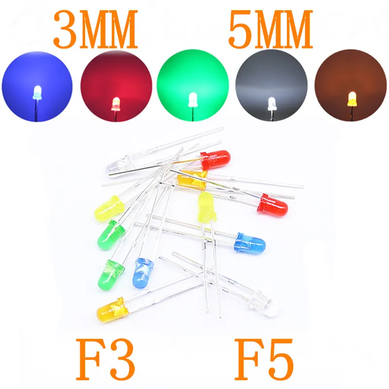 

50PCS F3/F5 Ultra Bright 3MM/5MM Round Water Clear Green/Yellow/Blue/White/Red LED Light Lamp Emitting Diode Dides Kit