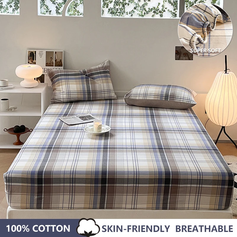 

Washed Cotton Fitted Sheet Yarn-dyed Fade Resistant Mattress Cover Ultra Soft Breathable Bed Linens,Blue Plaid