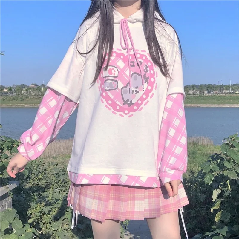 

Japanese Kawaii Soft Girl Sweety Shirts Patchwork Kawaii Splicing Pullover Full Sleeve Cartoon Printed Loose Hooded Sweatshirts