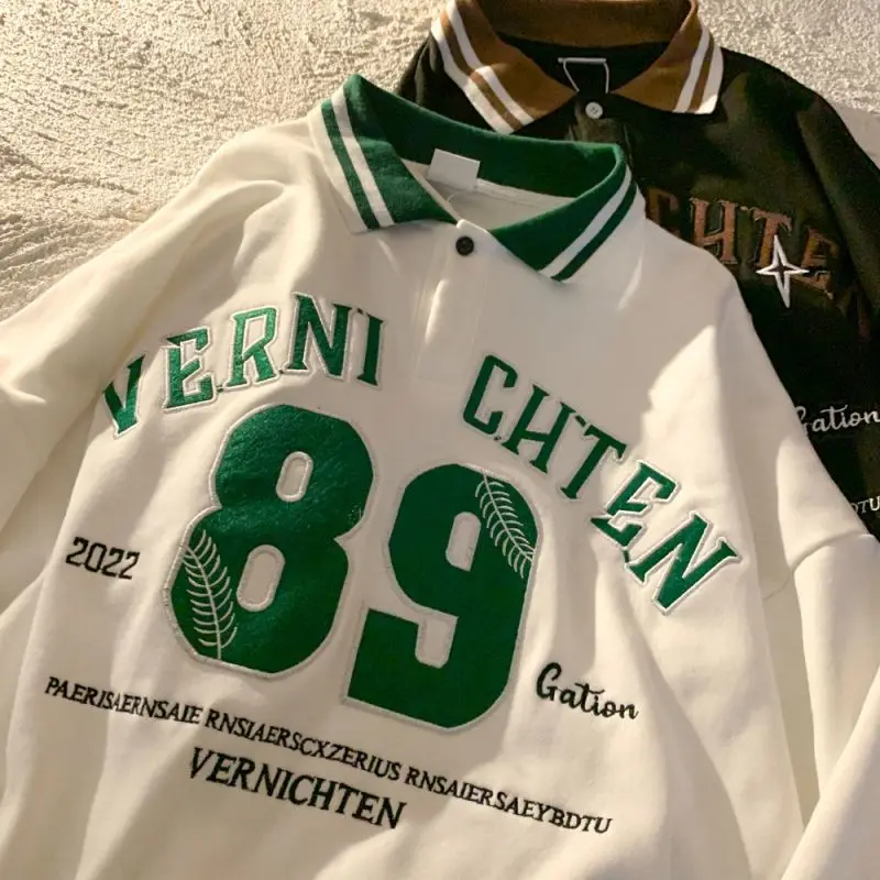 

Рубашка-поло Vinatge с надписью, воротник-поло, молодежная преппи индивидуальная популярная толстовка с длинными рукавами для студентов, мужск...