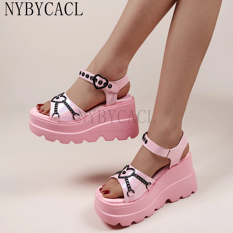 

35-43 Plus Size Fashion Slope Heel Women Sandals Metal Chain Decoration Female Buckle Platform Shoes Women's Sandals Tide Shoes