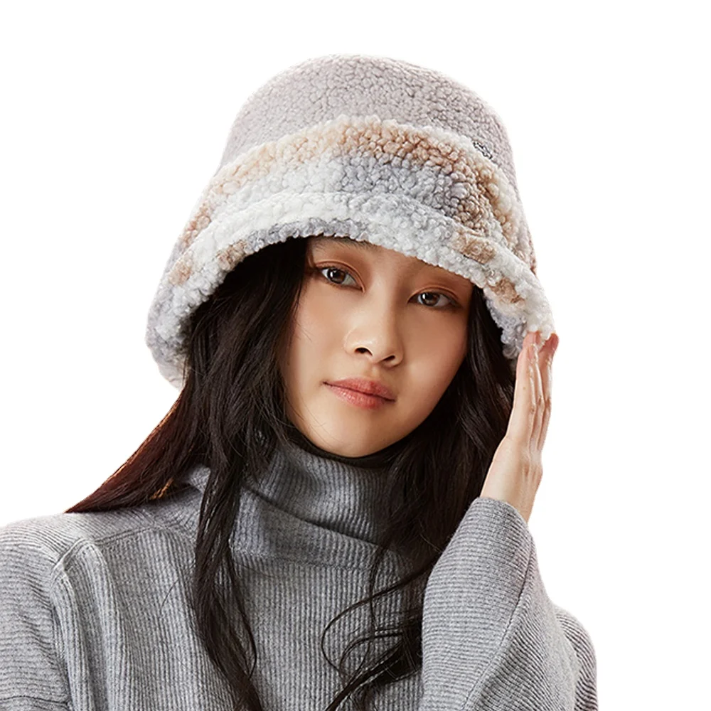 

OhSunny Women Lamb Wool Bucket Hats Antistatic Heating Tech Keep Warm Patchwork Adjustable Winter Thermal Fabric Hats for Women