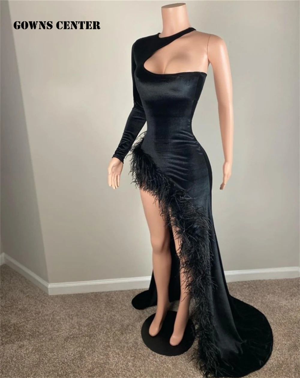 

Simple Black Feathers One Shoulder Long Sleeve Prom Dresses African Mermiad Evening Dresses For Wedding Party vestido de gala