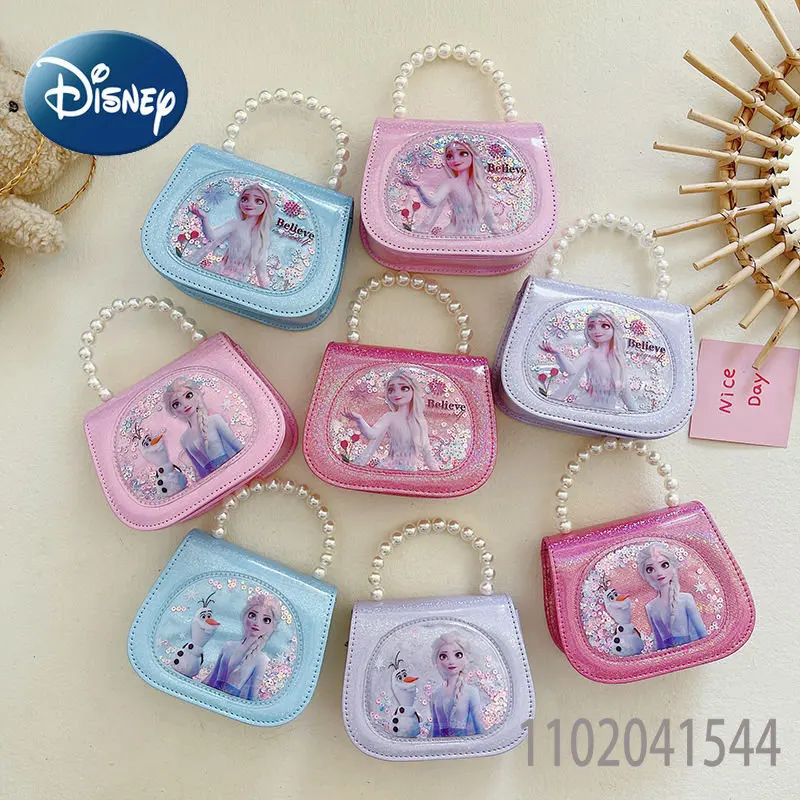 Disney Frozen Shoulder Bags for Girls Princess Elsa Cartoon PU Crossbody Bags with Pearl 3-6 Year Old Children's Handbag