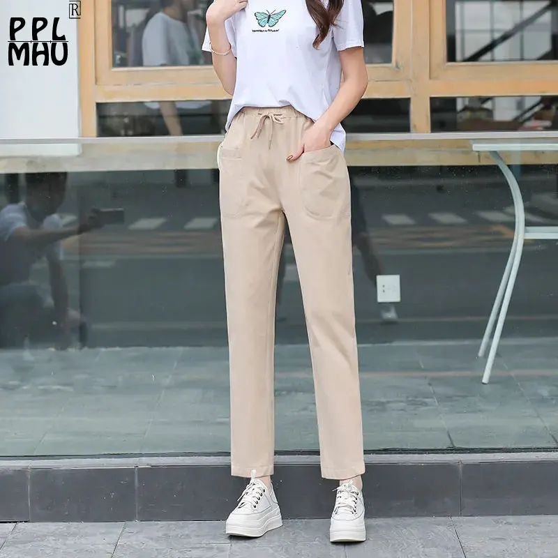 

Plus Size 5Xl Harem Pants Women Casual Drawstring Elastic High Waist Straight Pant Solid Linen Fashion Trousers Ankle 91-94cm