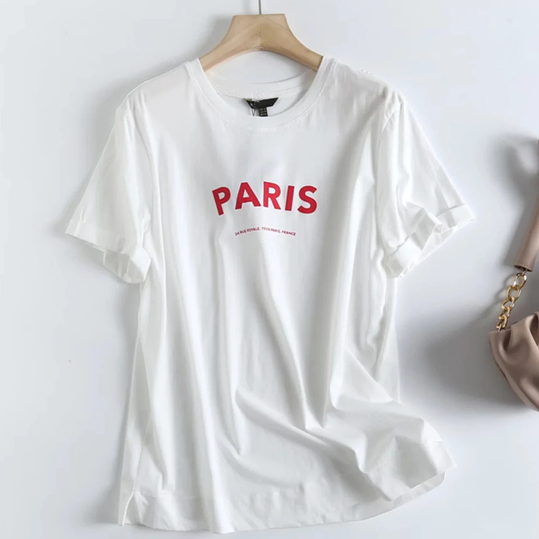 

Dave&Di England Style High Street Paris Tshirt Letter Print Round Collar Cotton White Casual Short Sleeve Summer T-shirts Women