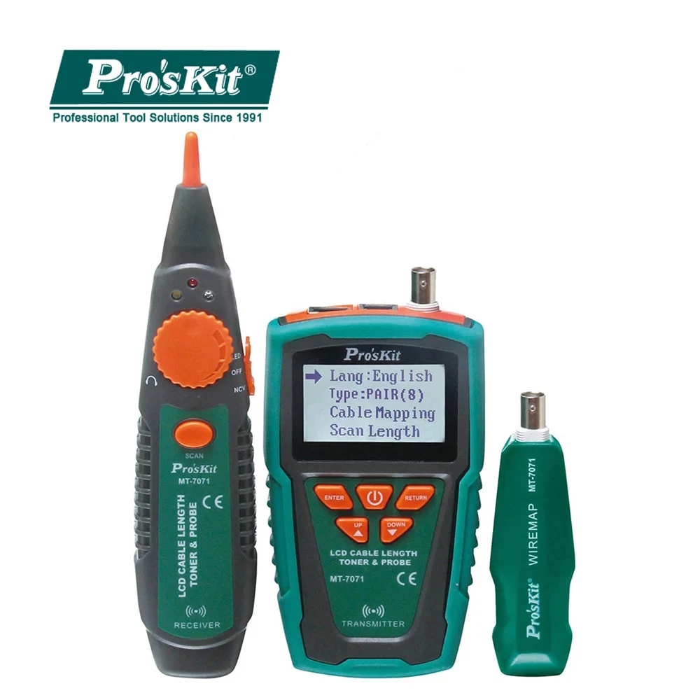 

Прибор для проверки длины кабеля Pro'sKit, устройство для обнаружения поломки, ЖК-дисплей, тестер длины сетевого кабеля, детектор, трекер, локатор неисправности провода