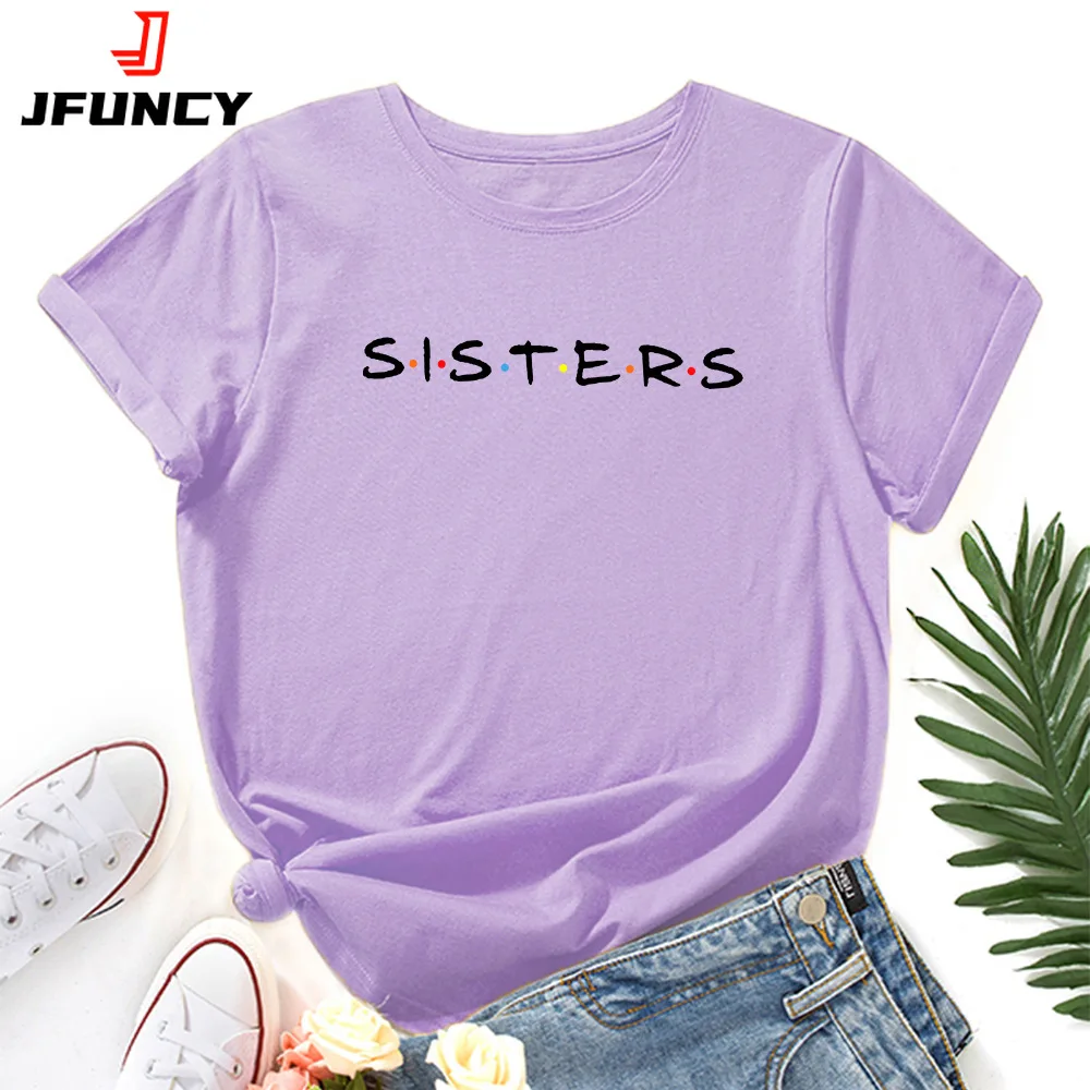 JFUNCY  Women's Short Sleeve T-shirts Sisters Letter Printed Woman Tops 2022 Summer Female T Shirts Girls Cotton Tshirt