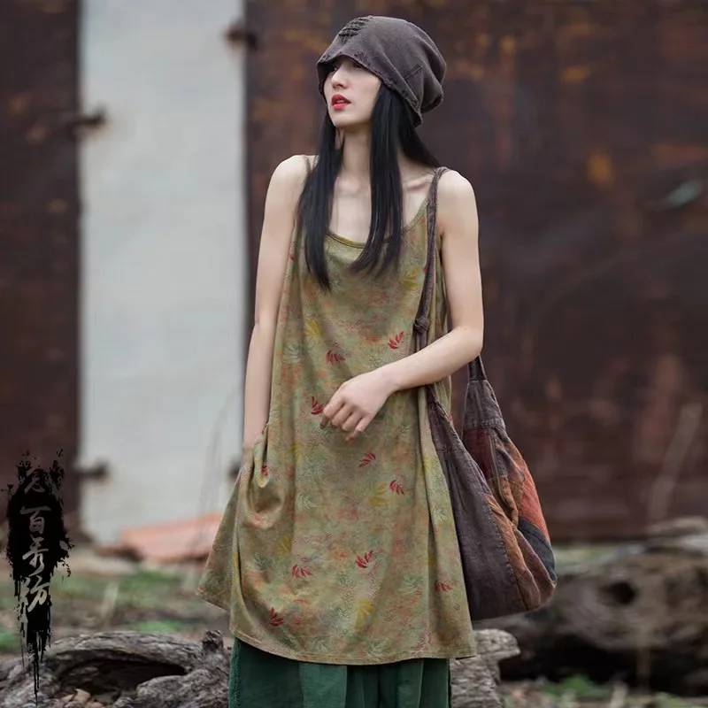 

Yasuk Summer Female Casual Soft Comfortable Loose Cotton Linen Sleeveless Mid-length Skirt Chinese Style Retro Flower Camisole