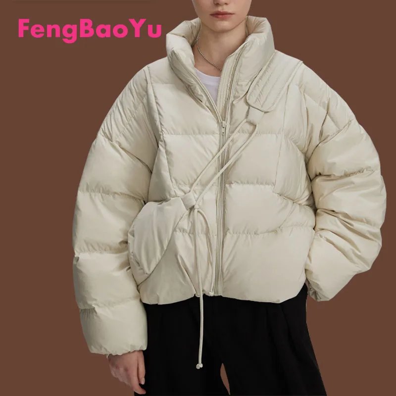 

Женский пуховик Fengbaoyu, новый пуховик на осень и зиму, короткая сумка, дизайнерское пальто на белом утином пуху, Модная молодежная трендовая искусственная кожа