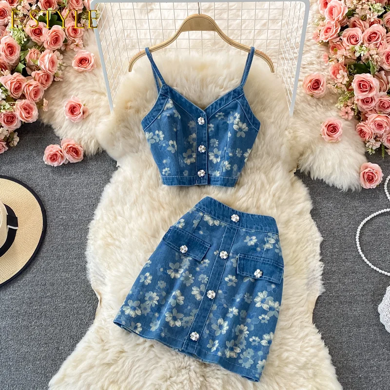 

2021 Summer Women High Street Denim Set Puff Sleeve T-shirt + Sling Top + Mini Skirt Fashion 3 Piece Suit Female Clothes