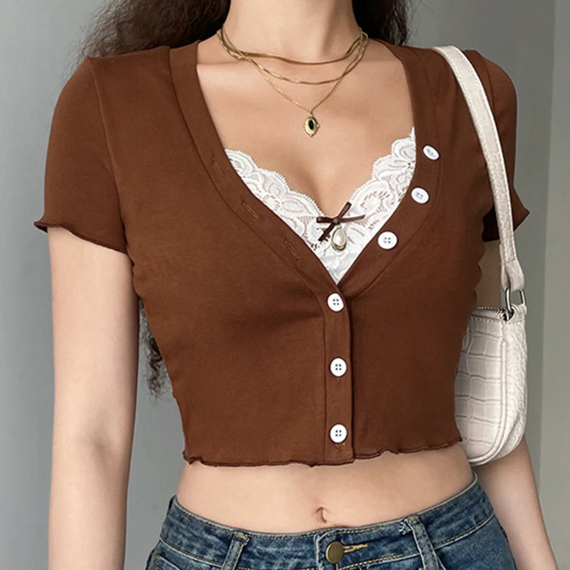 

Y2K Lace Trim Crop Top Brown Cotton Button T Shirt Short Sleeve V Neck Retro Harajuku Basic Casual Cardiagns Women Tee