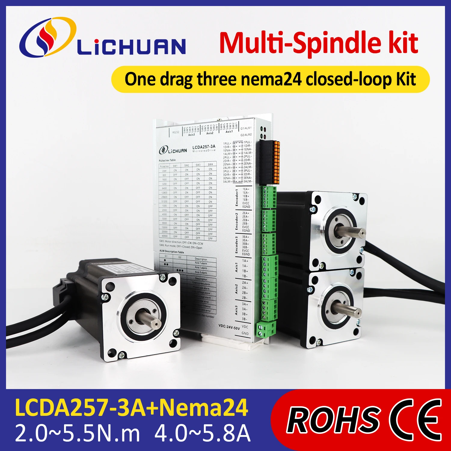 Фото Комплект контроллера шагового двигателя Lichuan DC24V～50V 4/5/5.8A 2/2.3/3/3.5/4/5.5Нм Nema24 и драйверов двухфазного шагового двигателя постоянного тока с замкнутым контуром №1