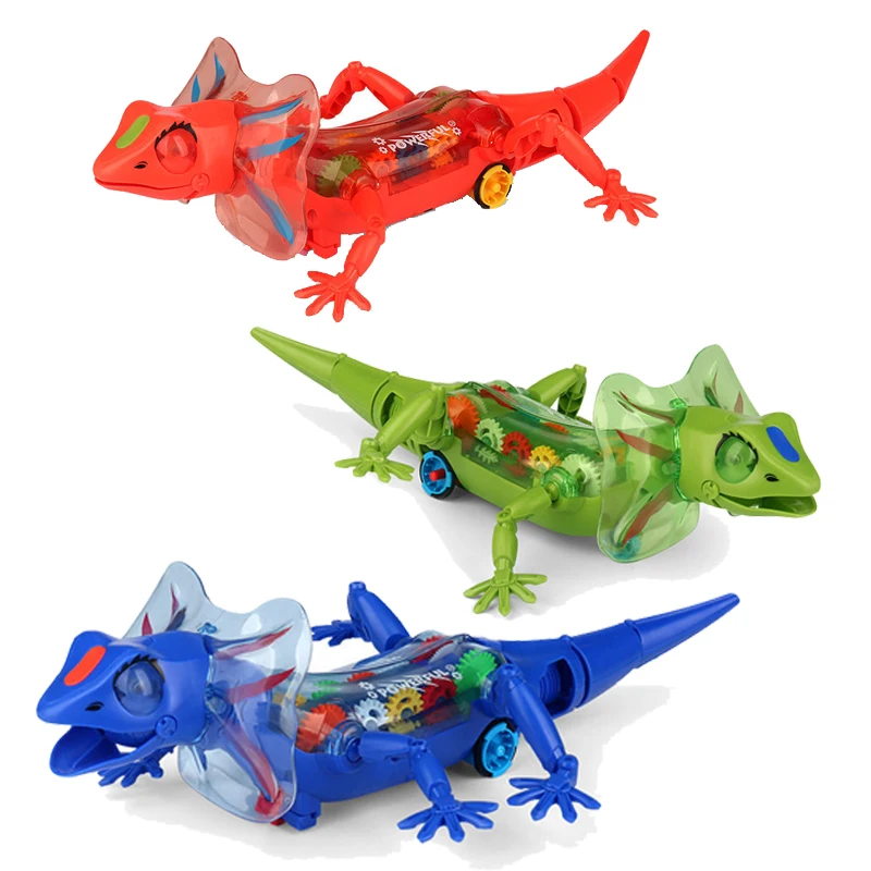 

New electric sound and light lizard transparent gear reptile model music and light automatic obstacle avoidance children's toy