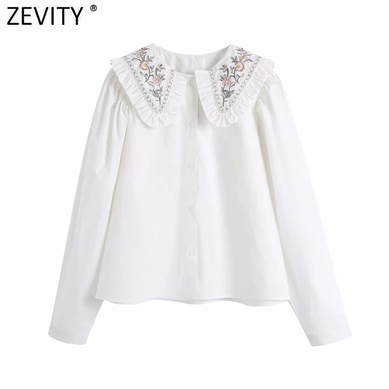 

Zevity New Women Sweet Peter Pan Collar Embroidery White Smock Blouse Office Ladies Ruffles Casual Shirt Chic Blusas Tops LS7413
