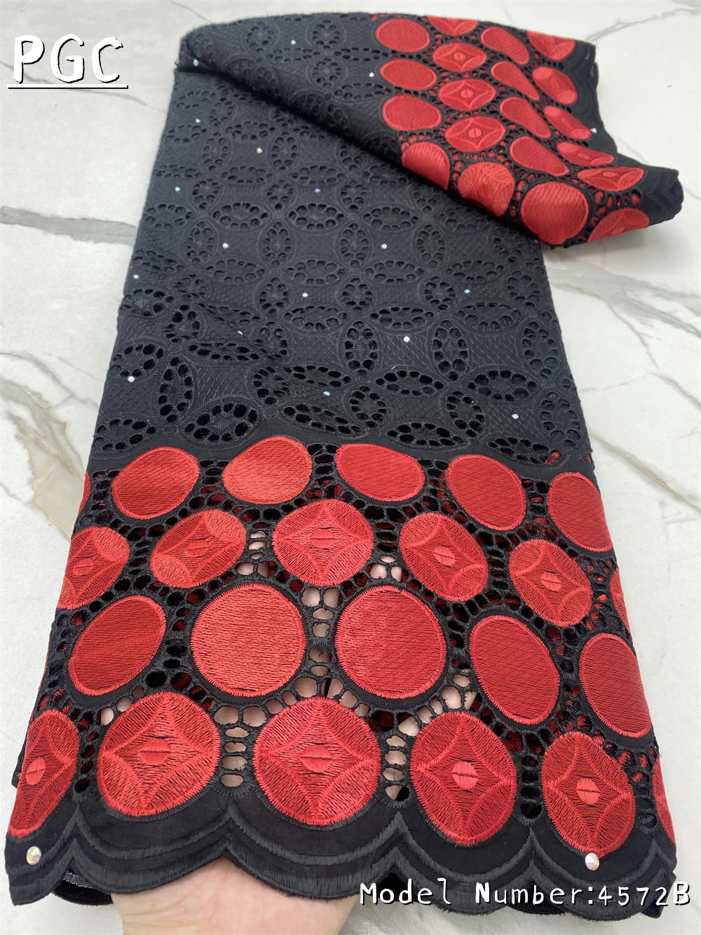 

PGC Beautiful Black Red Lace Swiss Voile Lace in Switzerland African Lace Fabric Wedding Cotton Dry Lace Fabric For Dress 4572B