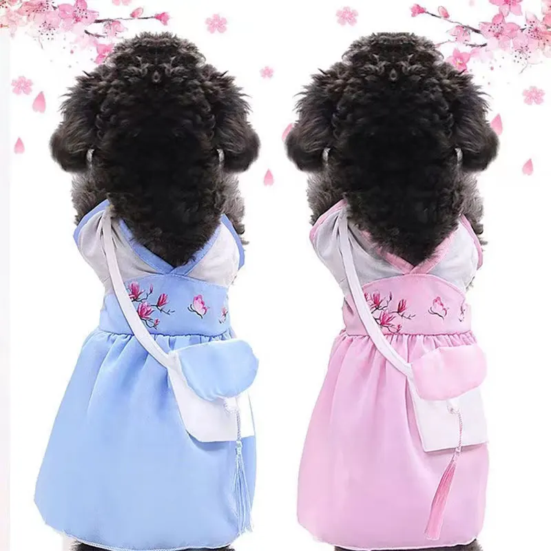 

Pet Dog Clothes Han Fu Dress for Dogs Clothing Cat Small Flower Embroidery Hanbiuk Skirt Cute Thin Summer Girl Pet Products