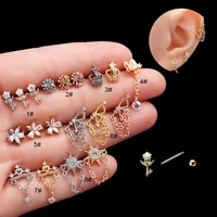 1piece butterfly crown tassel chain cartilage earrings stainless steel cz stud earrings double head screw ear piercing jewelry