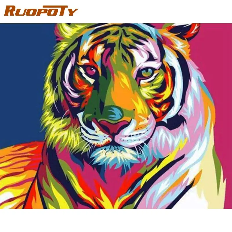 

RUOPOTY Frame Diamond Painting Animals Cross Stitch Kit Diamond Embroidery Tiger lion Full Square Diamond Mosaic Full Set