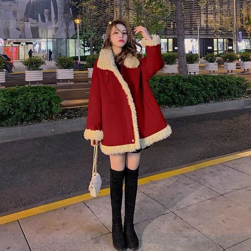 Retro Red Coat for Women 2022 Autumn Winter New Plush Thickened Parkas Jacket Fashion Casual Long Sleeve Khaki Loose Overcoats