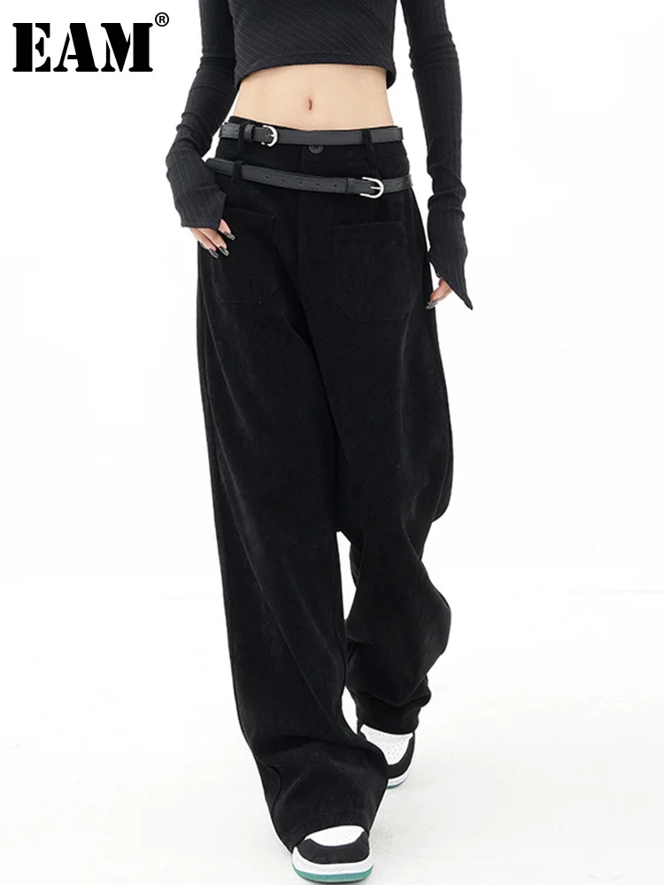 

[EAM] Черные длинные брюки с высокой талией и двойным поясом, новые брюки свободного покроя, женские модные брюки сезона весна-осень 2023 1DF5057