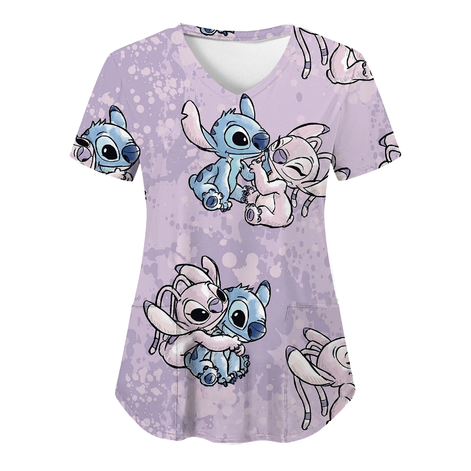 

Summer T Shirt Nurse Uniform Stitch Disney Top Women 2023 Hospital Woman Clothes V Neck Shirts Pocket Tops T-shirts T-shirt Tees