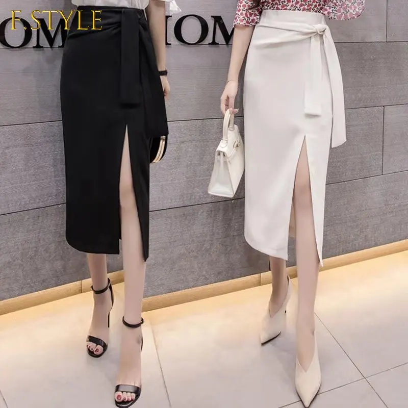 2021 Summer Skirt Women Mid-Calf Length Solid White/Black Buttock Skirt Oversize Split Skirts Bandage Design OL Business Wear
