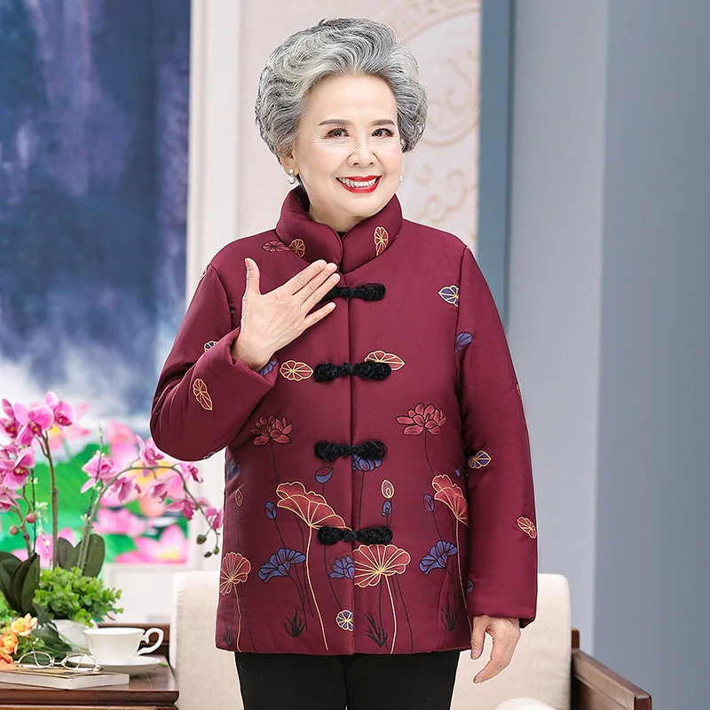 Grandma Winter Jacket Women Plus Velvet Printing Cotton Padded Coat Thicken Short Lamb Jacket Middle-aged Female