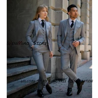 formal business womens mens suits 3 piece dark grey blazer pants vest point lapel groom tuxedo office jacket set
