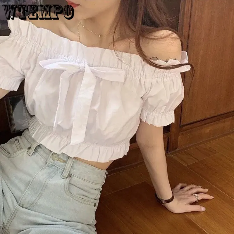 Bow-knot Puff-sleeve Women Tops Summer Retro Short Crop Top Navel Off Shoulder Short-sleeved Blouse Plaid Shirt Fashion Blusas