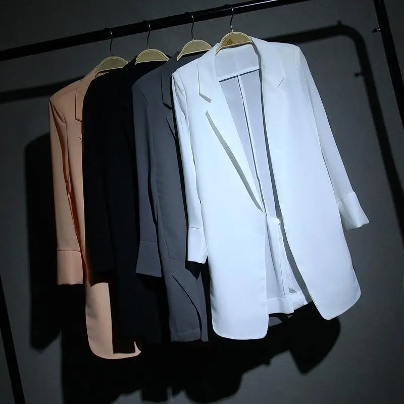 Sagging Elegant White Chiffon Small Suit, Feminine Temperament, Medium-length Casual Suit Spring and Autumn Thin Coat