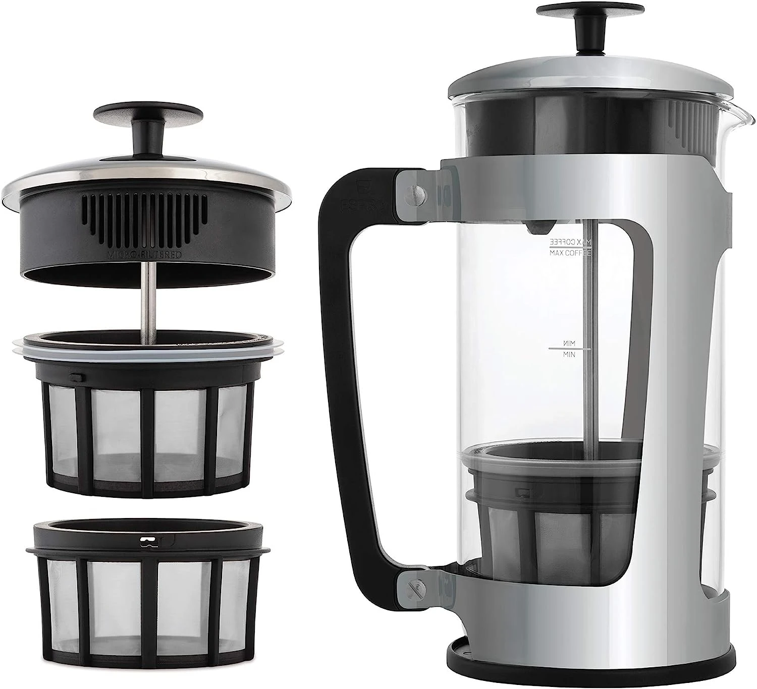 

P5 French Press - Double Micro-Filtered Coffee and Tea Maker, Grit-Free and Bitterness-Free Brews, Durable Stainless Steel Frame