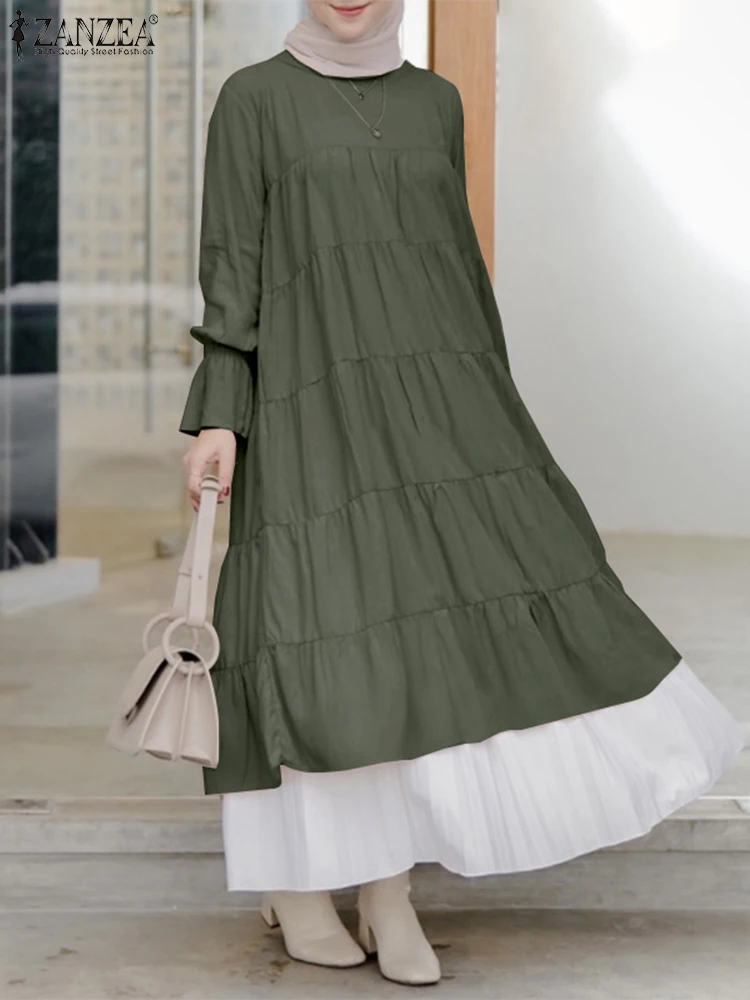 Мусульманское однотонное женское платье ZANZEA с О-образным вырезом, длинным рукавом и оборками, абайя, кафтан, многослойный халат, модное повс...