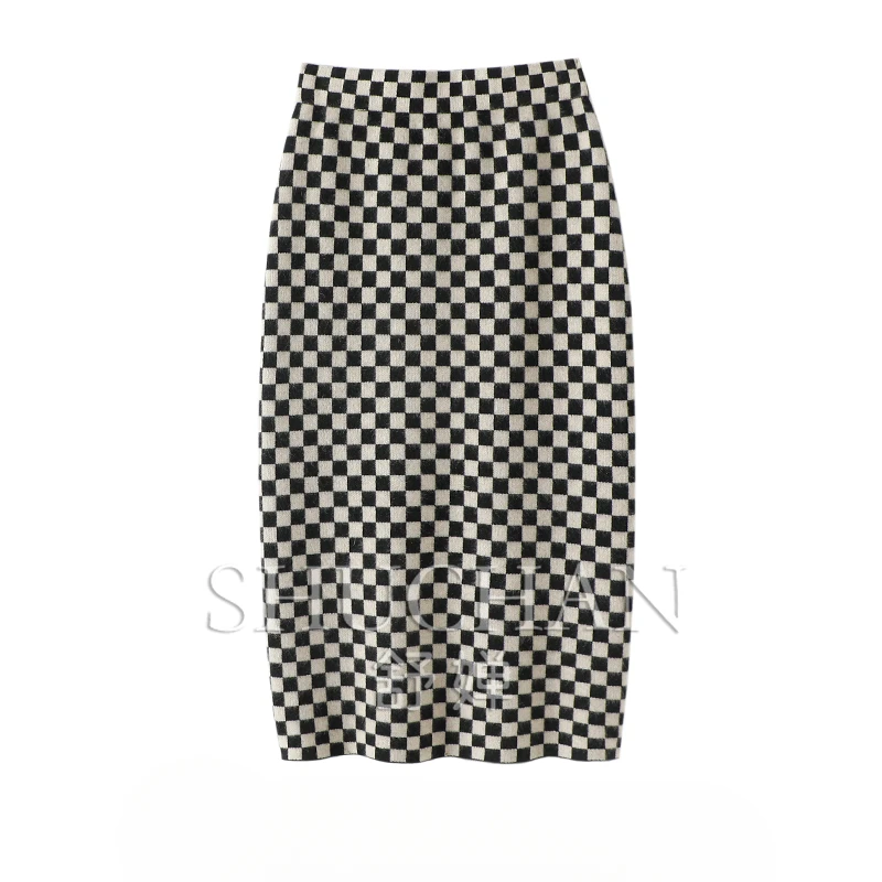 Женская трикотажная юбка из чистого кашемира черная клетчатая длинная с