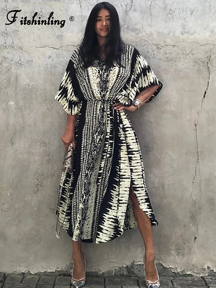 

Fitshinling Bohemian Vintage Oversized Dress Women High Split Sexy Maxi Dresses Beach Cover Up Sashes Holiday Serpentine Kaftan