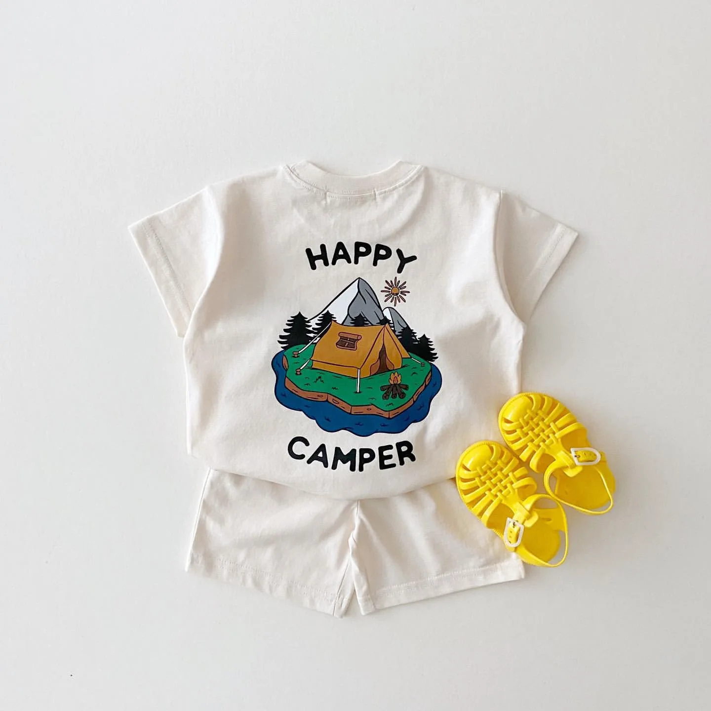 Kids Clothes Candy Color Cotton Casual Short Sleeve Suit Baby Camping Tent T-shirt Shorts Printing  Happy Camper Casual Loose