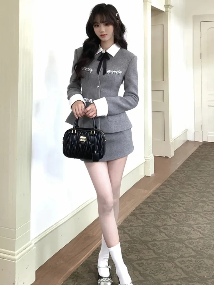 Корейская мода Осенние новые женские комплекты юбок из двух предметов в