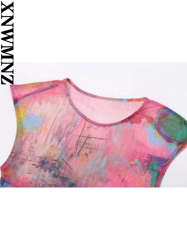 XNWMNZ 2023 Women Fashion Painting Printed Semi-sheer Bodysuit High Street O Neck Sleeveless Versatile Female Chic Bodysuit