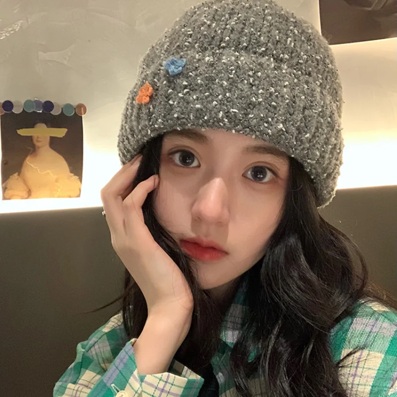 

Популярные женские шапки с маленькими цветами Ins, мягкие теплые вязаные шапки в Корейском стиле для осени и зимы, 2022